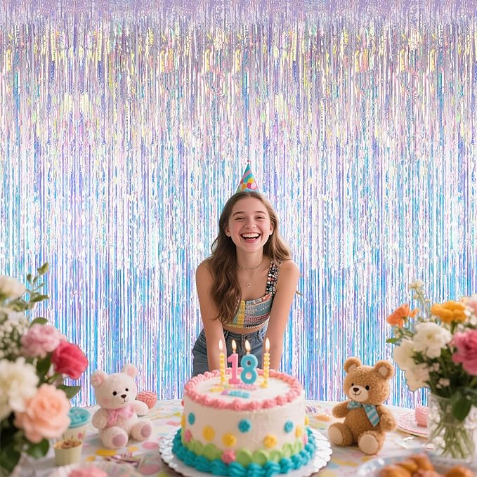 Iridescent Party Decorations Fringe Backdrop, Sparkling Holographic Foil Fringe - Image 9