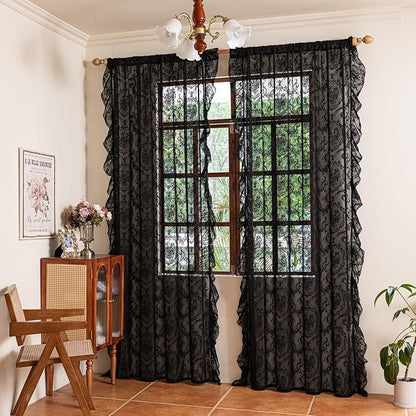 Deeprove Black Lace Curtains 96 Inch Length Set of 2 Panels Pair - Image 8