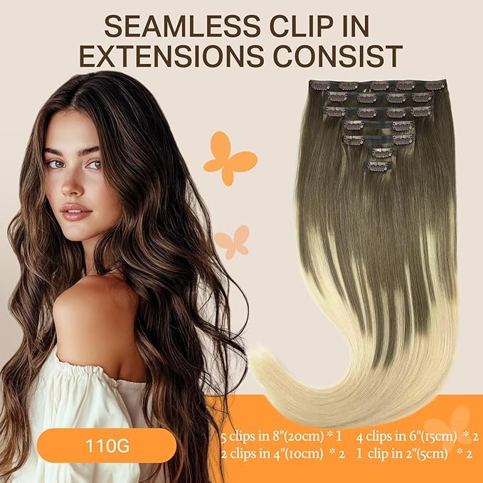 DOORES Remy Hair Extensions, Ash Brown to Platinum Blonde 16 Inch 110g 7pcs, Seamless Clip-in Hair Extensions with Natural Straight Hair and Invisi Edge