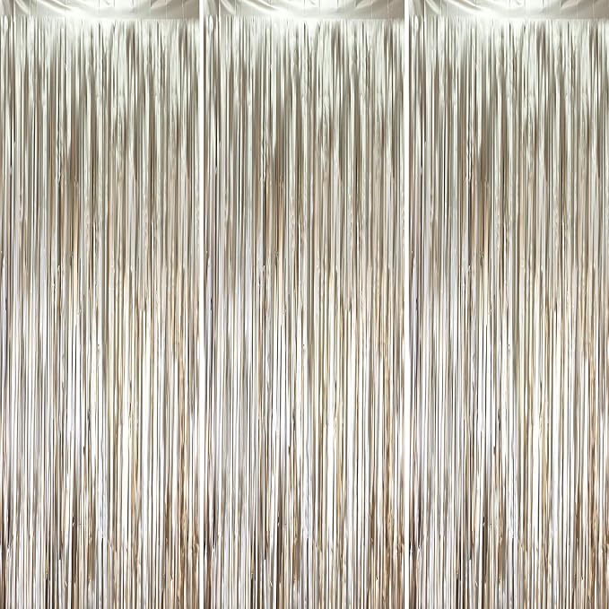 Voircoloria Light Champagne Foil Fringe Backdrop Curtains, 3 Pack | Tinsel by Voircoloria