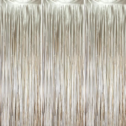 Voircoloria Light Champagne Foil Fringe Backdrop Curtains, 3 Pack | Tinsel by Voircoloria