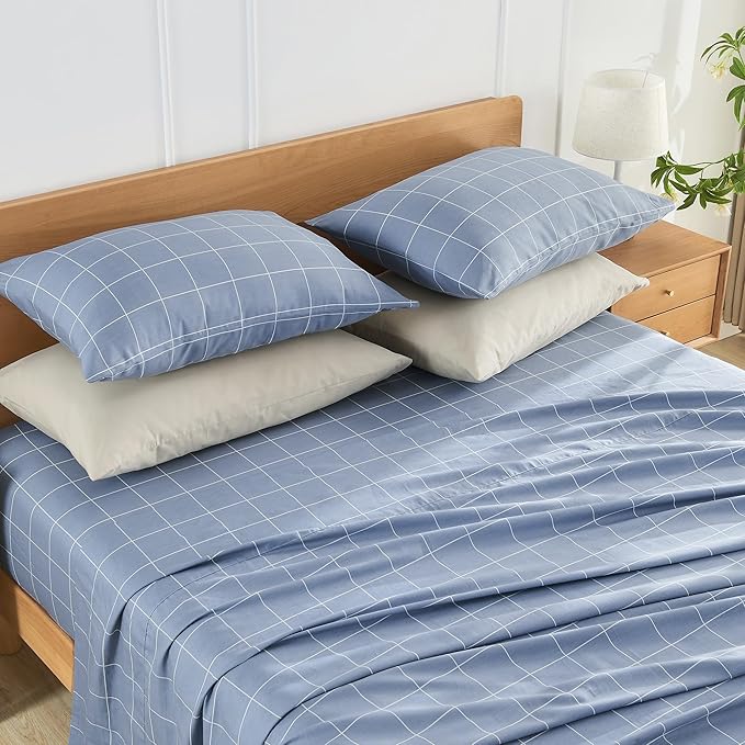 JELLYMONI 100% Natural Cotton Plaid Standard Pillowcases Set, 2 Pack Blue Checkered Pattern Printed Pillow Covers with Envelope Closure (Pillows are not Included)