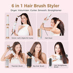 6 in 1 Air Styler Magic Hair Dryer Brush, Negative Ionic Blow Dryer Brush & 3 Heat Settings, Detachable Auto Curling & Straightening Volumizing, Frizz-Free Styling, Salon to Home Use (A-White-Pink)