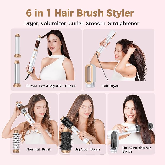 6 in 1 Air Styler Magic Hair Dryer Brush, Negative Ionic Blow Dryer Brush & 3 Heat Settings, Detachable Auto Curling & Straightening Volumizing, Frizz-Free Styling, Salon to Home Use (White-Blue)