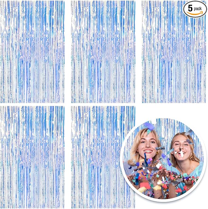 5 Pack Foil Curtain Backdrop Iridescent Metallic Tinsel Foil Fringe Curtains by KEJ