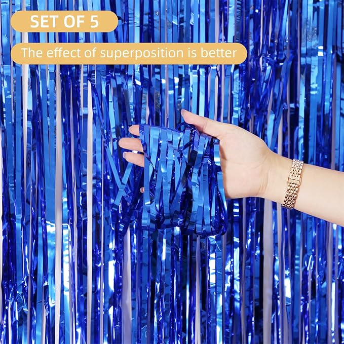 5 Pack Blue Foil Curtain Backdrop 3.2ft x 9.8ft Metallic Tinsel Foil Fringe - Image 2