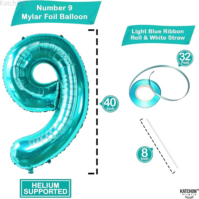 KatchOn Foil Teal Blue Number 9 Balloon - Image 2