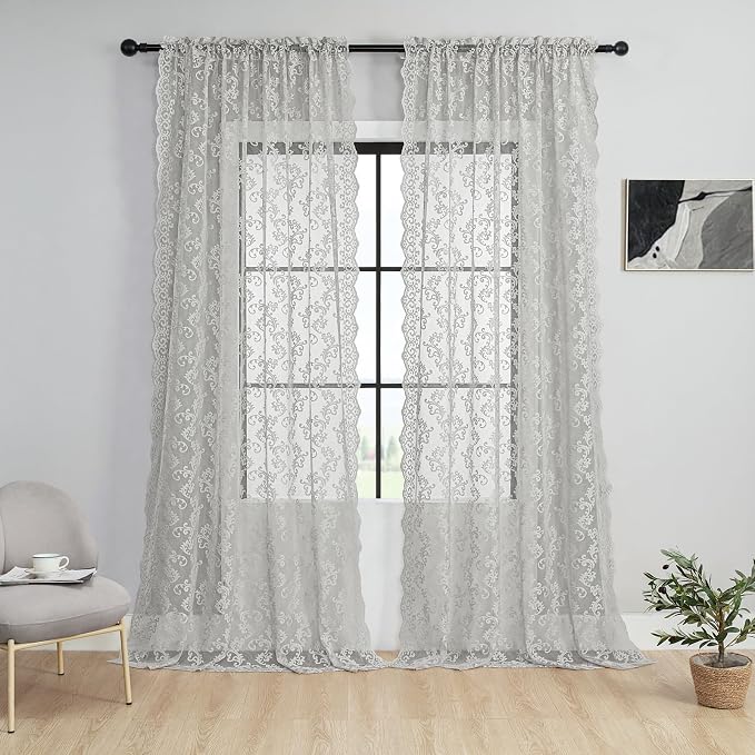 FOLKSIDE Grey Lace Curtains 84 Inches Long 2 Panels Ash Vintage Paisley Lace - Image 2
