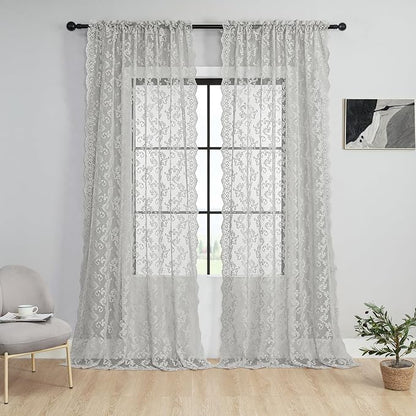 FOLKSIDE Grey Lace Curtains 84 Inches Long 2 Panels Ash Vintage Paisley Lace - Image 2