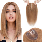 Hairro 100% Human Hair Topper No Bangs, Real Clip in Hair Hairpieces for Women, 3.94x4.72" Silk Base for Thinning Receding High Hairline, 12 Inch Light Brown Middle Part
