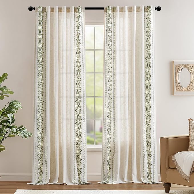 jinchan Floral Linen Curtains Embroidered Back Tab 50x96in 2 Panels Green | - Image 2