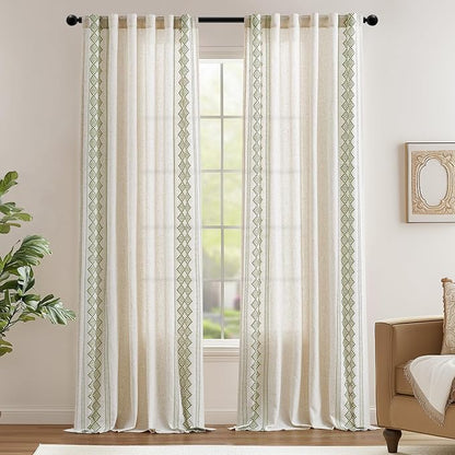 jinchan Floral Linen Curtains Embroidered Back Tab 50x96in 2 Panels Green | - Image 2