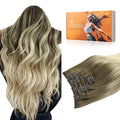 DOORES Clip in Hair Extensions Real Human Hair, Ombre Ash Brown to Platinum Blonde Straight 120g 7pcs 20 Inch Real Hair Extensions Clip in Human Hair Remy Natural Straight Weft