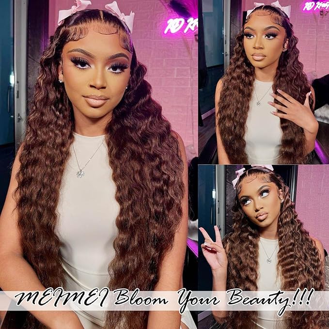 MEIMEI 250% Density HD Full Lace Front Wigs Human Hair Loose Deep Wave Chocolate Brown 32 Inch 15A Grade Real Full Large Lace Space Brown 13x4 Loose Wave Lace Frontal Wigs Human Hair Pre Plucked