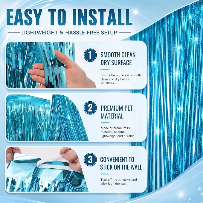 8 Pcs Light Blue 15ft Metallic Foil Ceiling Fringe Curtains - Image 3