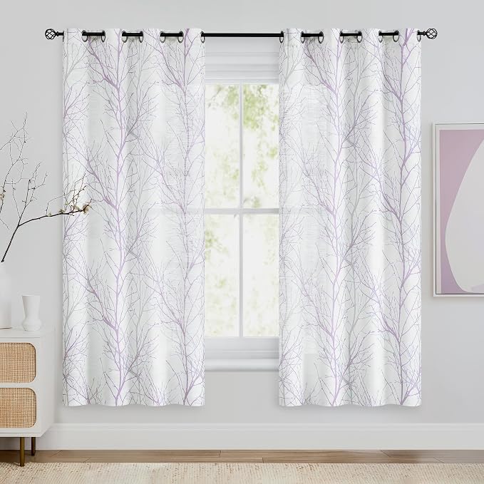 FMFUNCTEX Linen Lilac White Semi Sheer Print Curtains 63 Inch Long 2 Panels | - Image 2