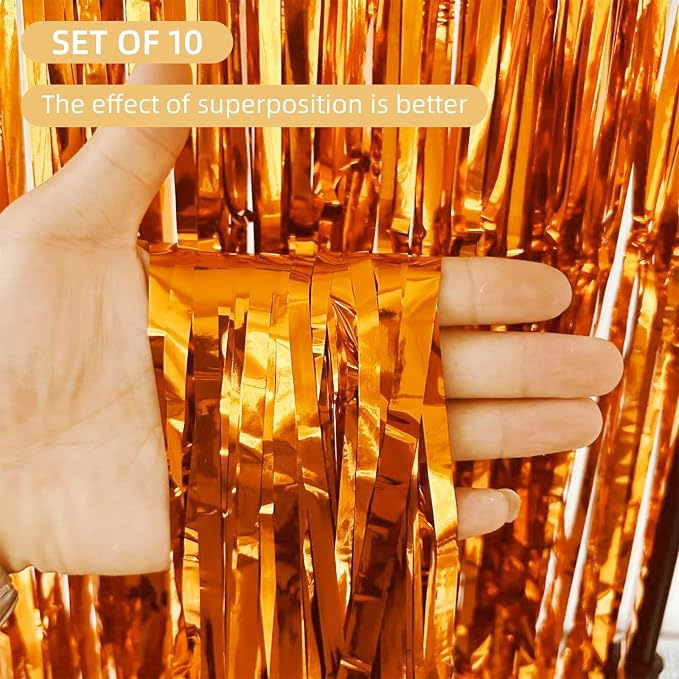 10 Pack Orange Backdrop Curtain 3.2ft x 8.2ft Metallic Tinsel Foil Fringe - Image 2