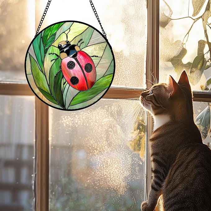 DASTOLL Stained Glass Window Hanging 4 Pcs Set Pink Green Insect Theme 6.3" - Image 4