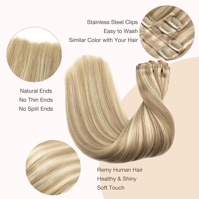 GOO GOO Clip in Hair Extensions Real Human Hair, Remy Human Hair Extensions Clip ins for Women, Natural Human Hair, 20inch 110g 7Pcs, 18A/613A Dark Blonde Highlighted Bleach Blonde