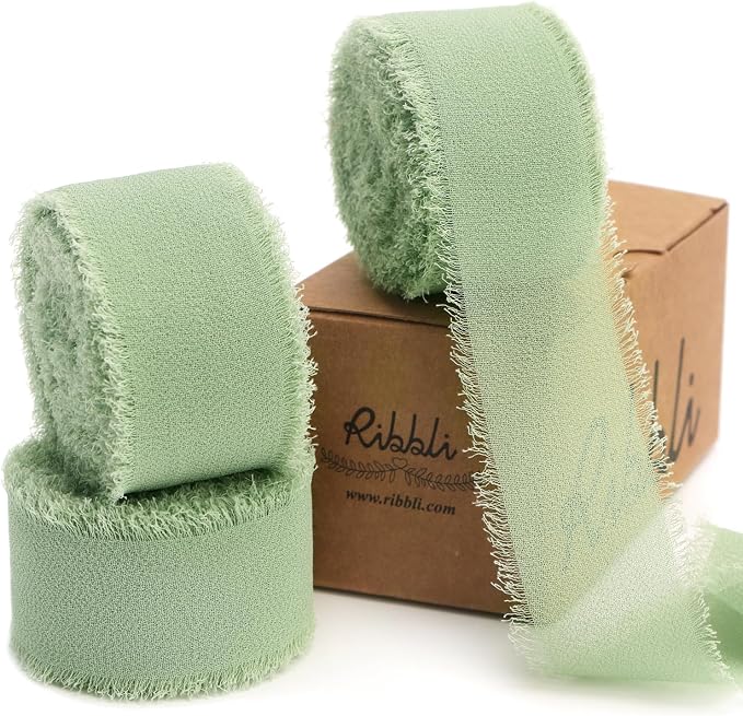 Ribbli Sage Green Ribbon 1 Inch x 3 Rolls Total 24 Yards Green Handmade Fringe by Ribbli