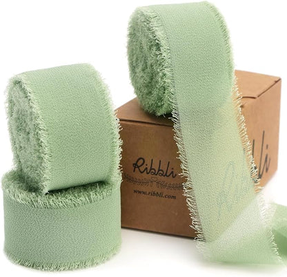 Ribbli Sage Green Ribbon 1 Inch x 3 Rolls Total 24 Yards Green Handmade Fringe by Ribbli