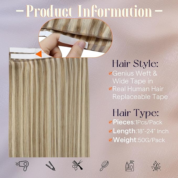 Full Shine Blonde Tape in Weft Hair Extensions Human Hair Color 16 Highlight 22 Blonde Wide Tape Genius Weft Tape in Hair Extensions 24Inch Cuticles Aligned Travel Friendly Styling 50G One Piece