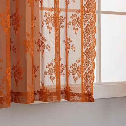 Kotile Burnt Orange Lace Kitchen Curtains Rustic Floral 2*W42 x L36 Inch | Rod - Image 4