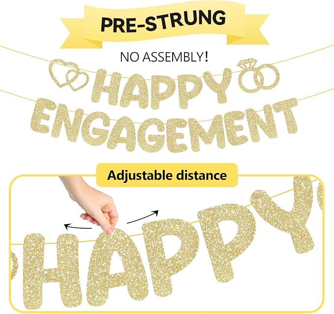 Pre-Strung Engagement Party Decorations, Glitter Happy Engagement Banner - Image 4