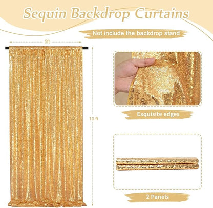 Gold Sequin Backdrop Curtain 2 Pcs 5FTx10FT Panels Stage Background - Image 3