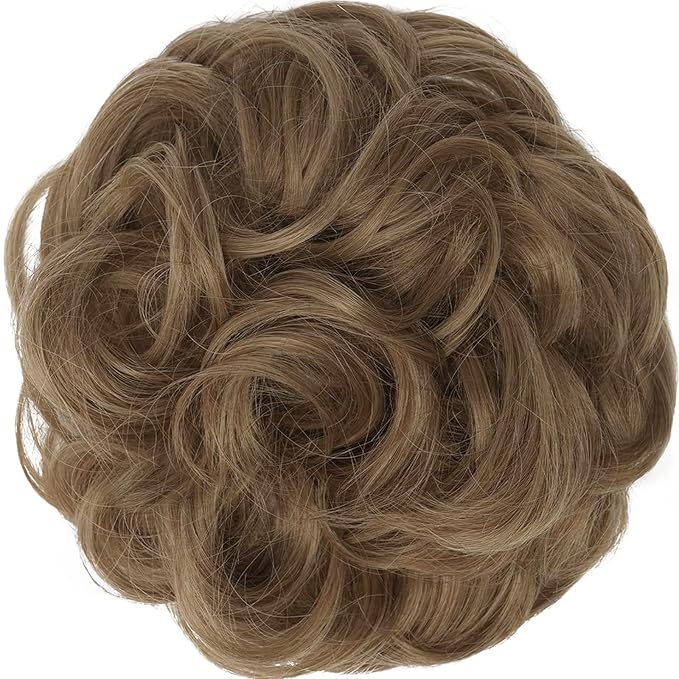 FESHFEN Messy Bun Hair Piece - Elastic Wavy Curly Hair Bun Scrunchies Extensions Synthetic Chignon Hairpieces for Women Girls, Light Brown mix Natural Blonde 1.5 oz