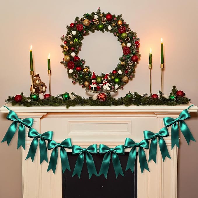 2 Strings of 16PCS Dark Green Bow Garlands Banner Decoration, Pre-Strung Satin - Image 4