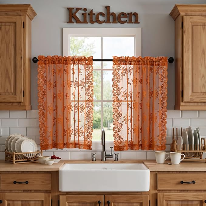 Kotile Burnt Orange Lace Kitchen Curtains Rustic Floral 2*W42 x L36 Inch | Rod by Kotile+Curtains