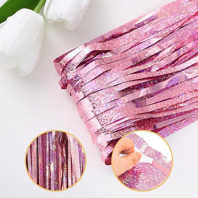 10 Pack Pink Backdrop Curtain 3.2ft x 8.2ft Metallic Tinsel Foil Fringe - Image 4