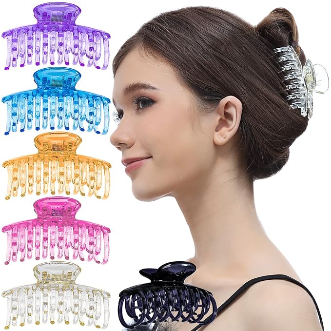 RC ROCHE 6 Pcs Double Claw Hair Clip Tooth Claw Clip Grip Tooth Jaw Clamps Thin Fine Hair Strong Hold No Slip Undo Clutchers for Women, Medium Transparent Multicolor