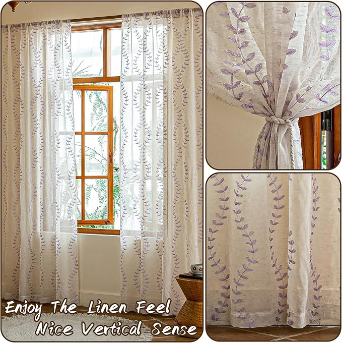 2 Panels Linen Leaf String Floral Embroidered Semi Sheer Curtain Farmhouse - Image 3