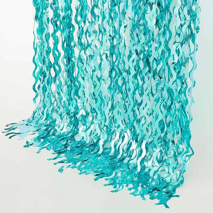 4 Pack 3.3 ft x 6.6 ft Wavy Aqua Teal Blue Tinsel Foil Fringe Curtains Backdrop - Image 7