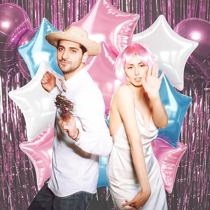 Pink Blue White Star Foil Balloons, 18 Inch Metallic Light Pink Blue Stars - Image 5