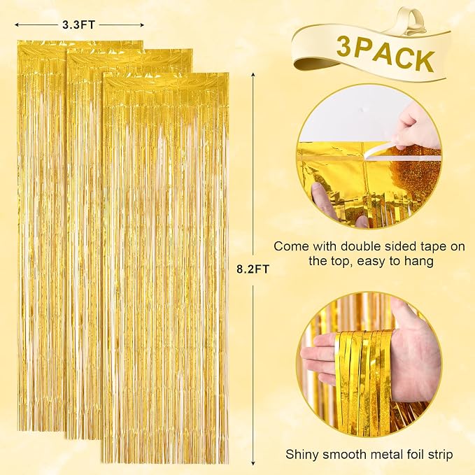 Voircoloria Laser Gold Foil Fringe Backdrop Curtains, 3 Pack | Tinsel Streamers - Image 4