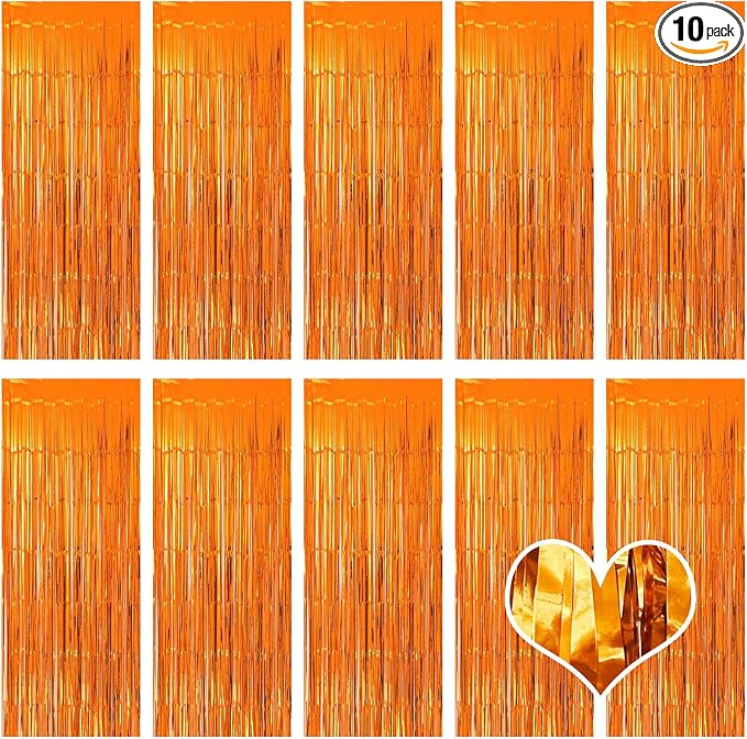 10 Pack Orange Backdrop Curtain 3.2ft x 8.2ft Metallic Tinsel Foil Fringe by Ohiyoo
