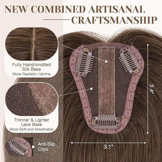 S-noilite Hair Toppers for Women Real Human Hair 3D 360° Cover Clip in 100% Real Human Hair Toppers 3″*4″ Clip in Silk Base 8 inch Natural Brown
