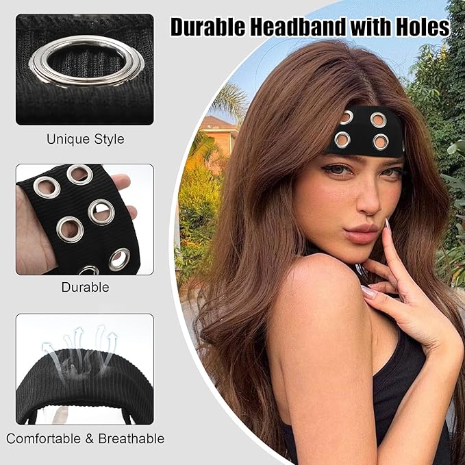 papasgix Grommet Headband for Women, Y2K Elastic Headband Wide Black Hair Band with Holes Metal Rock Style 2000s Hair Accessories (1, Deep Coffee)