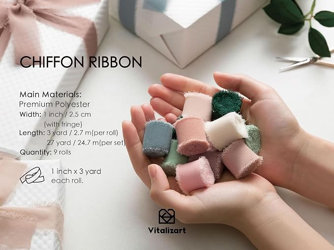 Vitalizart 1" x 27 Yd Chiffon Silk Ribbon Mixed Color Ribbons Set 9 Rolls | 3 - Image 2