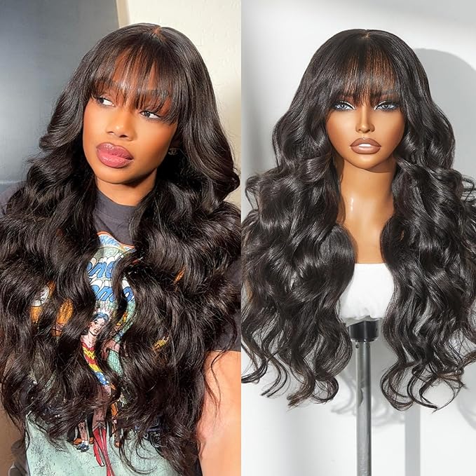 LUVME HAIR 7x6 HD Lace All-Day Comfort Wig with Bangs 200% Density Hair PartingMax Lace Wigs Loose Body Wave Lace Front Wigs Human Hair Pre Cut Plucked Lace Frontal Glueless 18 Inches