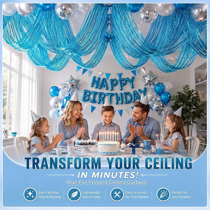 8 Pcs Light Blue 15ft Metallic Foil Ceiling Fringe Curtains - Image 6