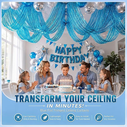 8 Pcs Light Blue 15ft Metallic Foil Ceiling Fringe Curtains - Image 6