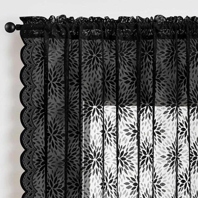 MIULEE Black Floral Lace Curtains 2 Panels, Light Filtering Rod Pocket Panels - Image 6