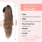 Flufymooz Ponytail Extension, Flexible Wrap Around Ponytail Extension Long Wavy Curly Ponytail Hair Extensions Natural pony tail Synthetic Hairpiece for Women 26 Inch (Chocolate Brown to Light Brown)