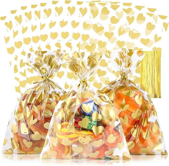 COQOFA 50 Pcs 9X12 IN Gold Heart Cello Cellophane Treat Bags by COQOFA