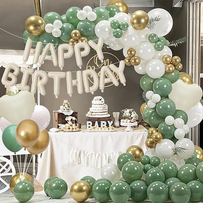 Happy Birthday Balloon Banner Cream Green, 16 Inch Beige Mylar Letters Heart - Image 2