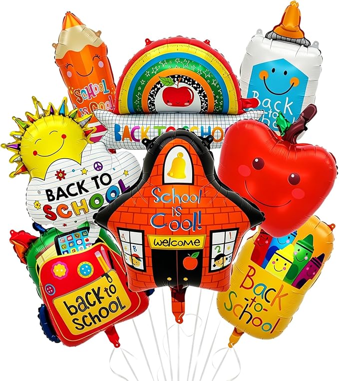 8PCS Back to School Balloons Set, Apple School Backpack Pencil Rainbow Crayon by FUDEFER